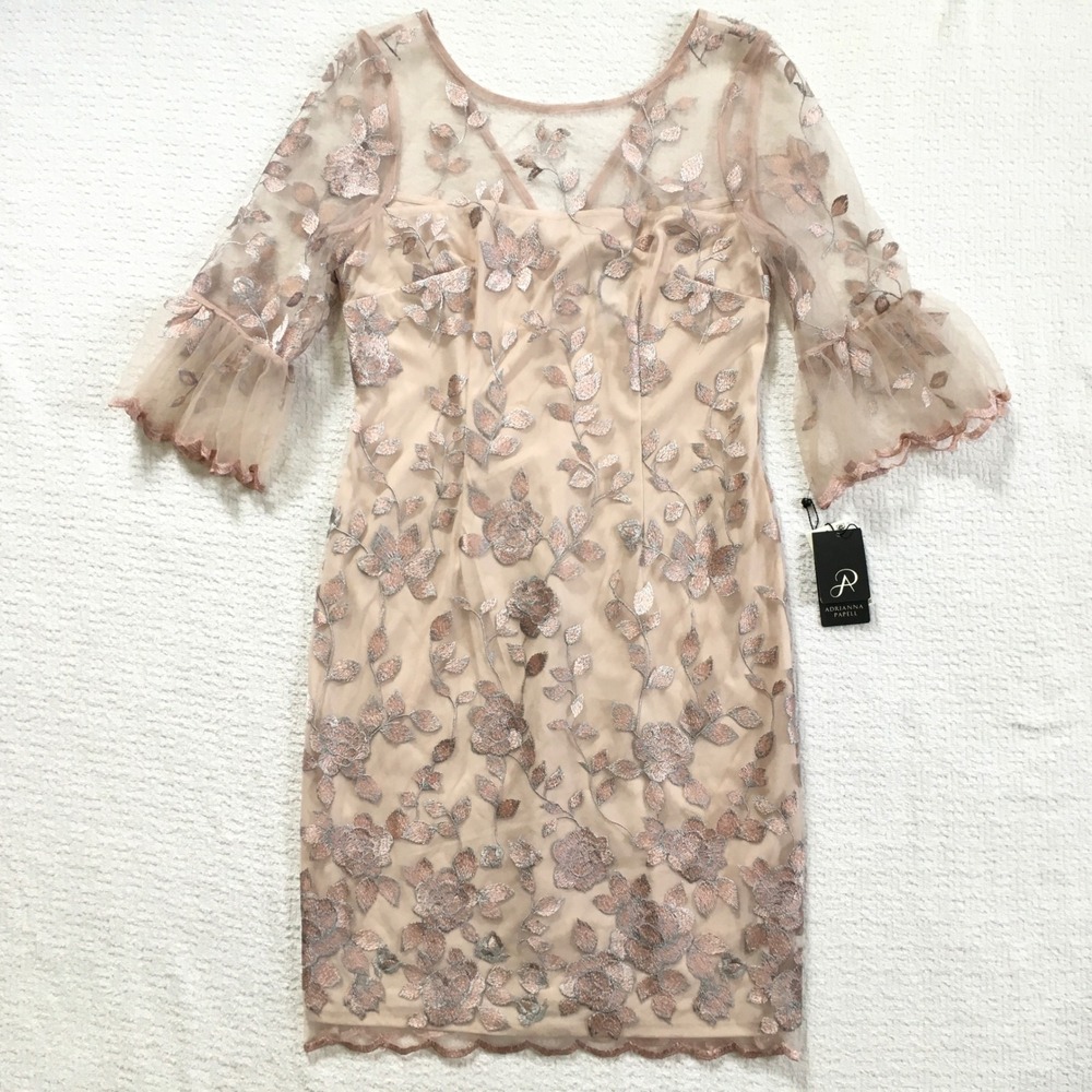 Adrianna Papell Blush Nude Embroidered Midi Dress